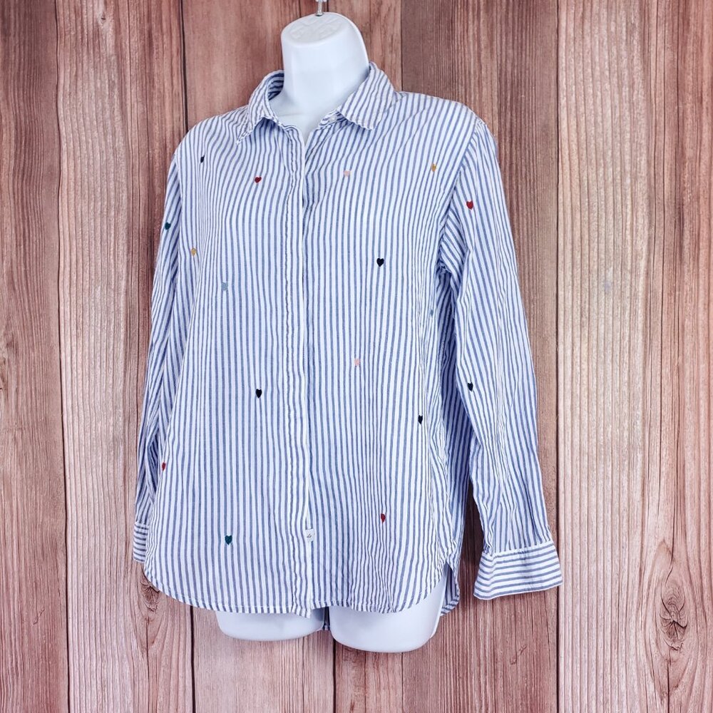 Rails Taylor Blue White Striped Shirt Womens Medium Rainbow Embroidered Hearts - Picture 4 of 15
